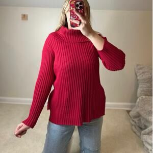 Rafaella: Red Wide Ribbed Knit Cowl Neck Sweater